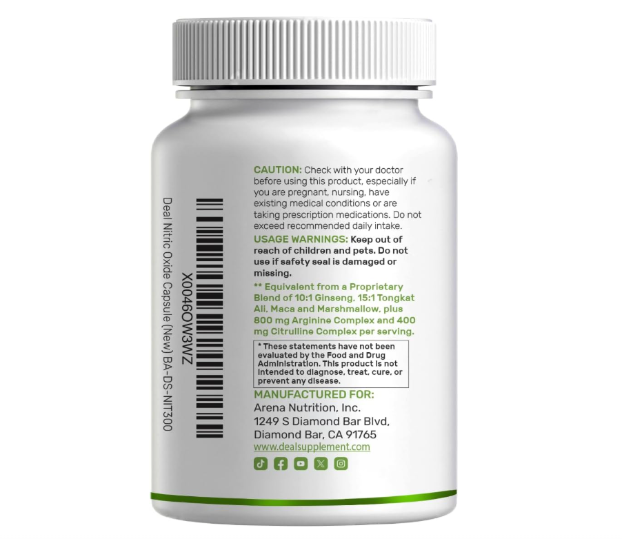 Óxido Nítrico 3000 mg Deal Supplment | 300 Cápsulas | Complejo 12 en 1 – Arginina, citrulina, ginseng rojo coreano, Tongkat Ali, raíz de maca