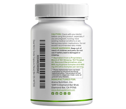 Óxido Nítrico 3000 mg Deal Supplment | 300 Cápsulas | Complejo 12 en 1 – Arginina, citrulina, ginseng rojo coreano, Tongkat Ali, raíz de maca