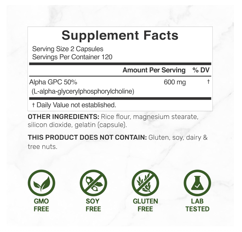 Alpha GPC 600 mg Deal Supplement | 240 cápsulas | Nootrópicos para la salud cerebral, memoria y concentración