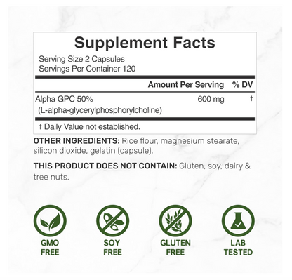 Alpha GPC 600 mg Deal Supplement | 240 cápsulas | Nootrópicos para la salud cerebral, memoria y concentración
