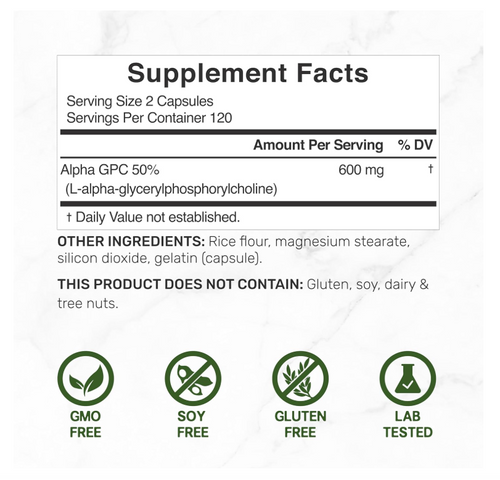 Alpha GPC 600 mg Deal Supplement | 240 cápsulas | Nootrópicos para la salud cerebral, memoria y concentración