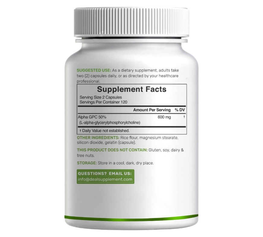 Alpha GPC 600 mg Deal Supplement | 240 cápsulas | Nootrópicos para la salud cerebral, memoria y concentración