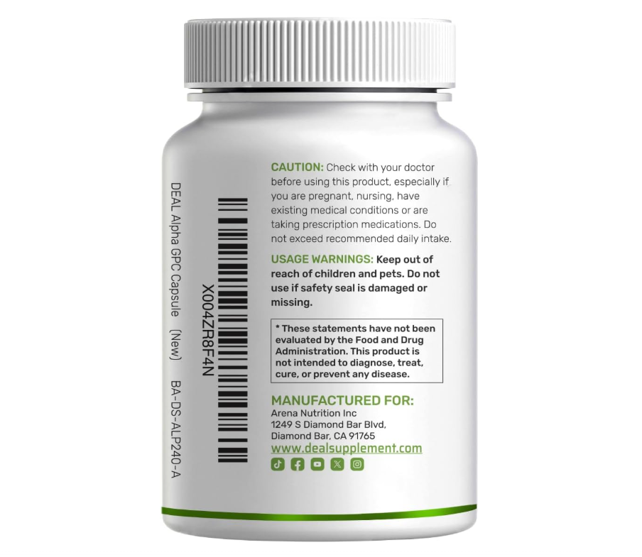 Alpha GPC 600 mg Deal Supplement | 240 cápsulas | Nootrópicos para la salud cerebral, memoria y concentración