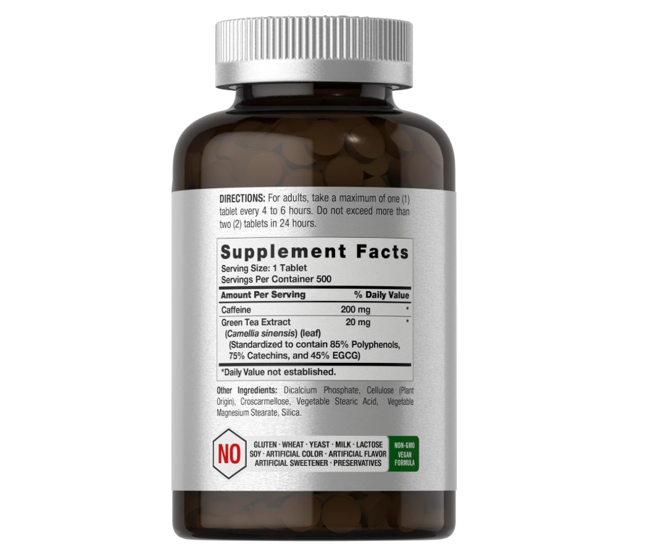 Cafeína de 220 mg con té verde Horbäach | 500 tabletas | Vegetarianas, sin OMG y sin gluten