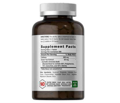 Cafeína de 220 mg con té verde Horbäach | 500 tabletas | Vegetarianas, sin OMG y sin gluten