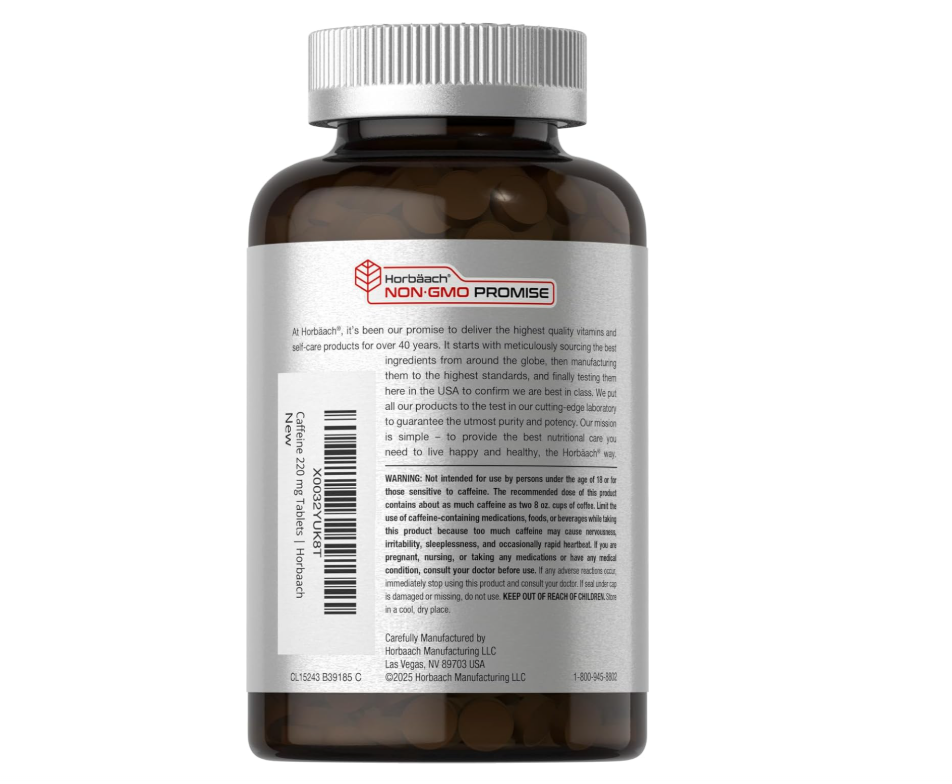 Cafeína de 220 mg con té verde Horbäach | 500 tabletas | Vegetarianas, sin OMG y sin gluten