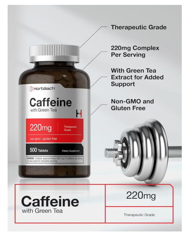Cafeína de 220 mg con té verde Horbäach | 500 tabletas | Vegetarianas, sin OMG y sin gluten