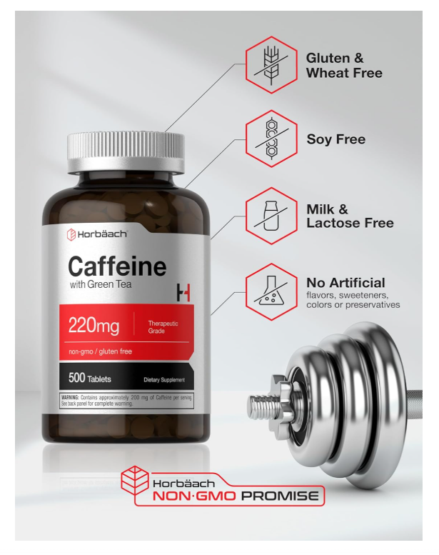 Cafeína de 220 mg con té verde Horbäach | 500 tabletas | Vegetarianas, sin OMG y sin gluten