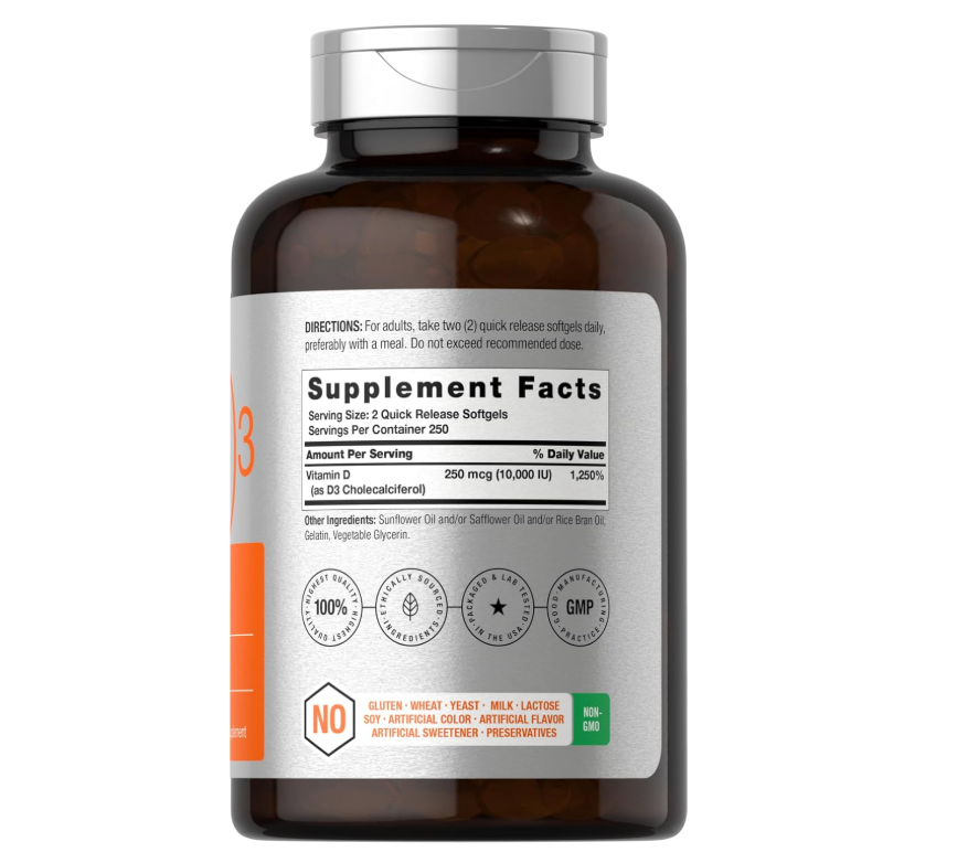 Vitamina D3 10000 UI Horbäach | 500 cápsulas blandas | Suplemento sin OMG, sin gluten | Fórmula de alta potencia