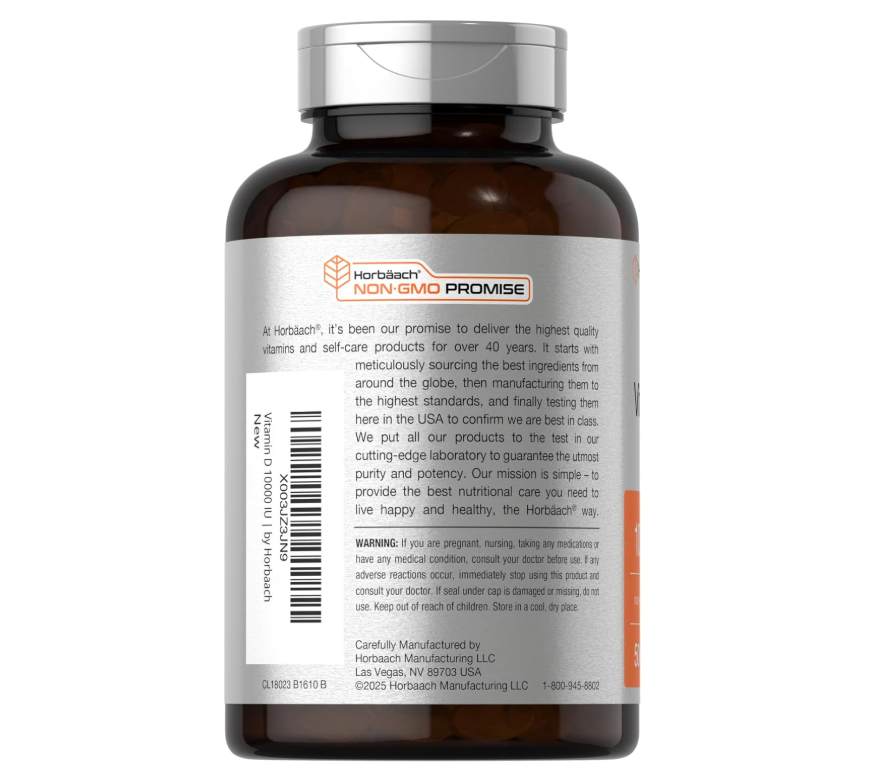 Vitamina D3 10000 UI Horbäach | 500 cápsulas blandas | Suplemento sin OMG, sin gluten | Fórmula de alta potencia