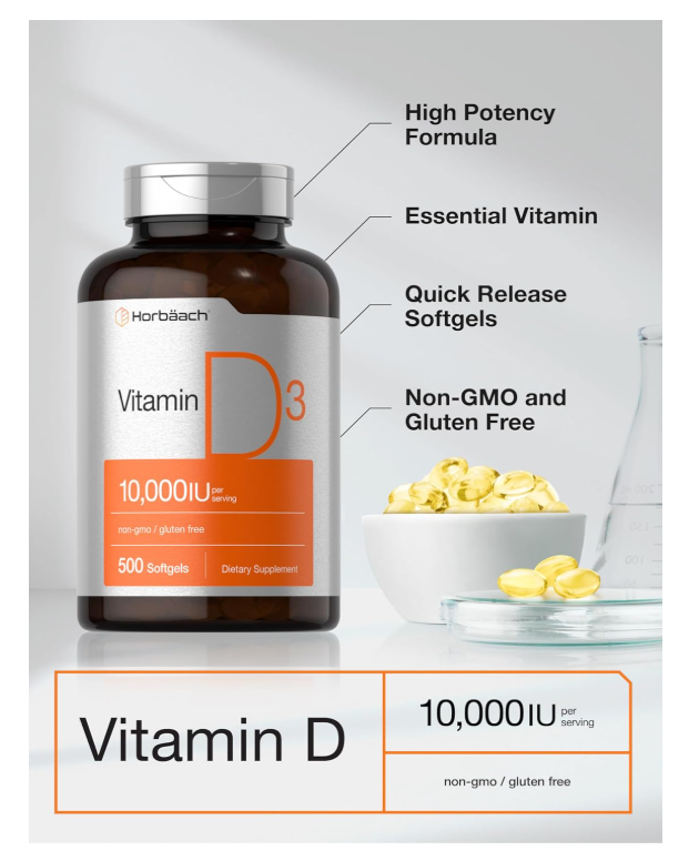 Vitamina D3 10000 UI Horbäach | 500 cápsulas blandas | Suplemento sin OMG, sin gluten | Fórmula de alta potencia