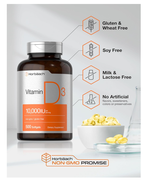 Vitamina D3 10000 UI Horbäach | 500 cápsulas blandas | Suplemento sin OMG, sin gluten | Fórmula de alta potencia