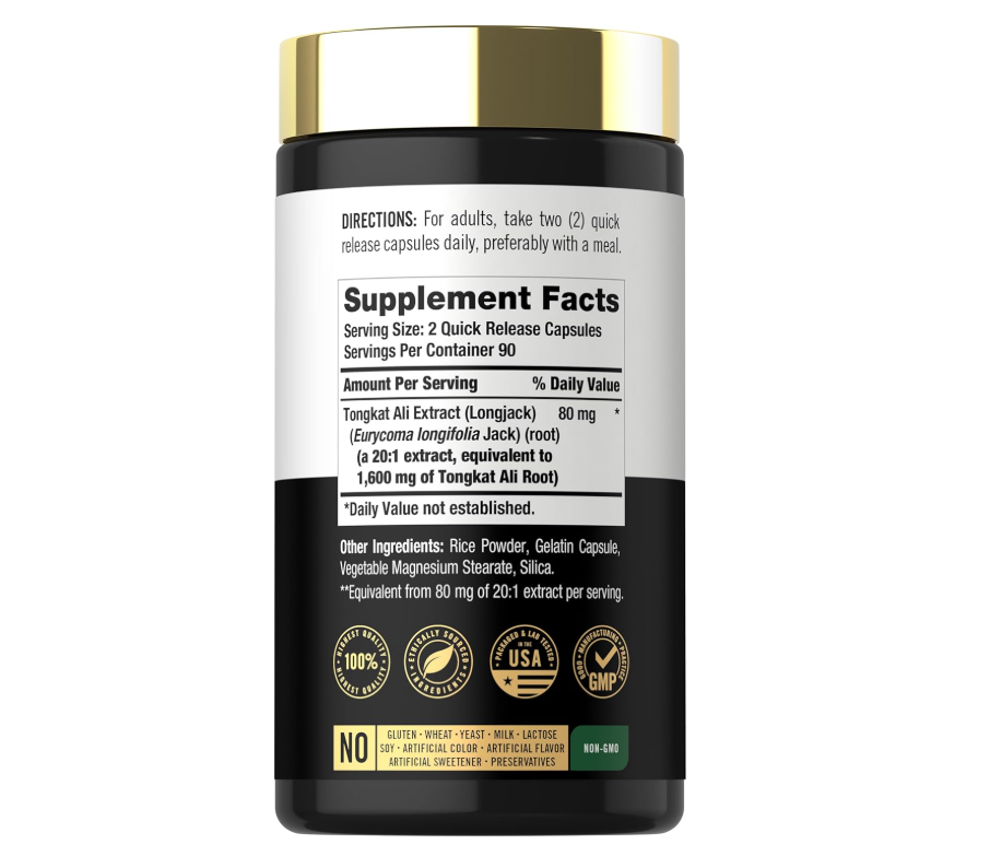 Tongkat Ali 1600 mg Carlyle  | 180 cápsulas | Sin OGM y sin gluten