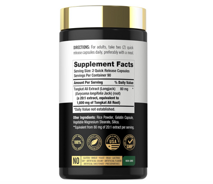 Tongkat Ali 1600 mg Carlyle  | 180 cápsulas | Sin OGM y sin gluten