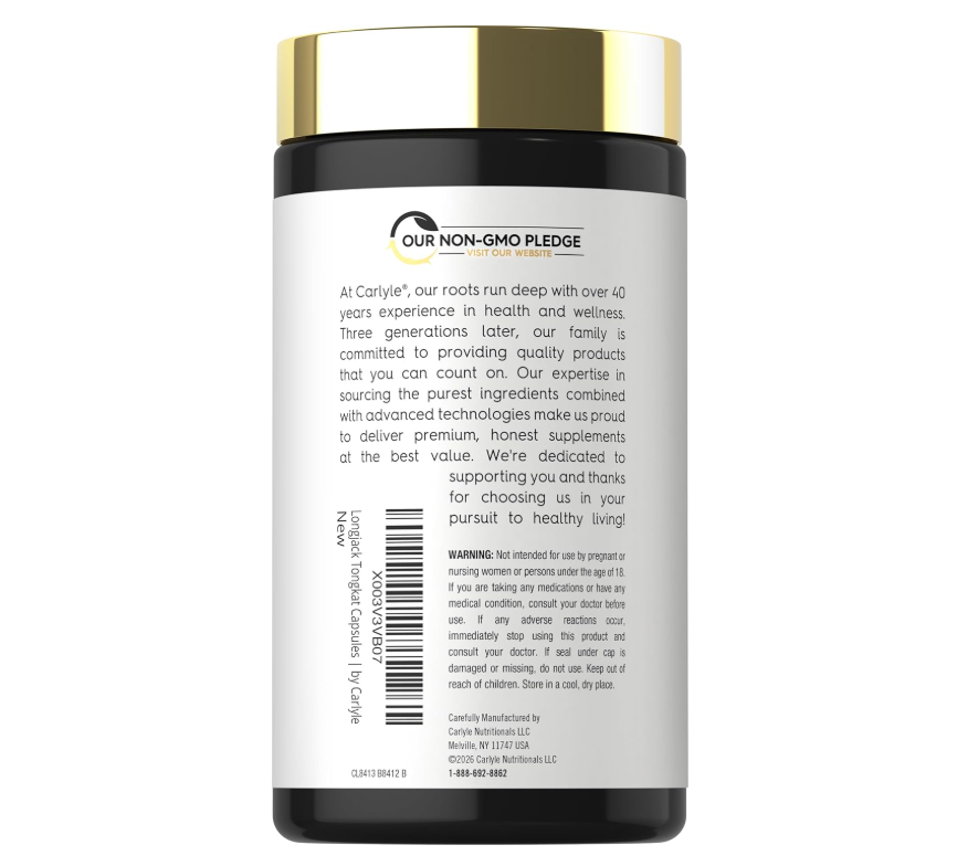Tongkat Ali 1600 mg Carlyle  | 180 cápsulas | Sin OGM y sin gluten