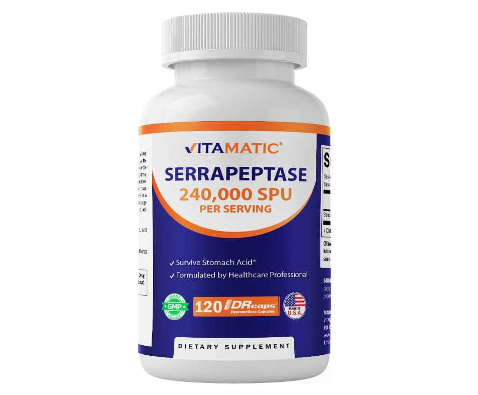 Serrapeptase Vitamatic | 240,000 SPU por porción | 120 cápsulas | Sin OGM | Fabricado en los Estados Unidos