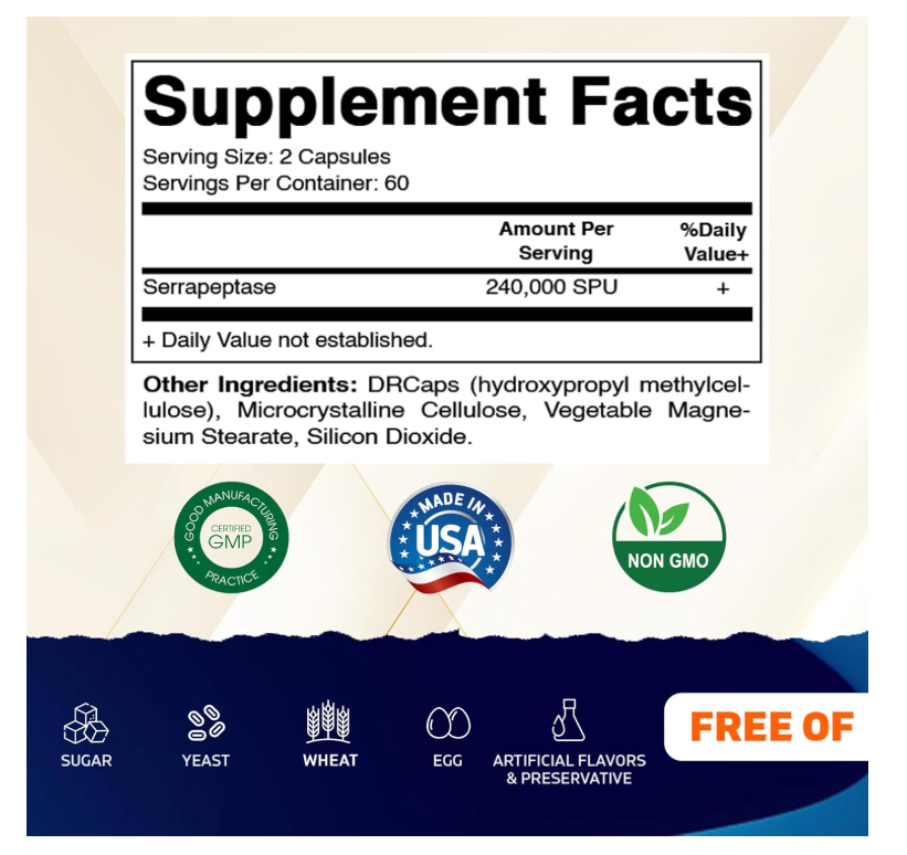Serrapeptase Vitamatic | 240,000 SPU por porción | 120 cápsulas | Sin OGM | Fabricado en los Estados Unidos