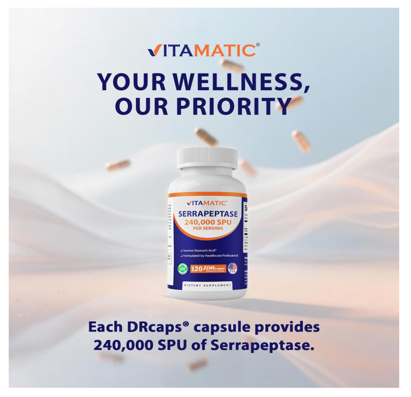 Serrapeptase Vitamatic | 240,000 SPU por porción | 120 cápsulas | Sin OGM | Fabricado en los Estados Unidos