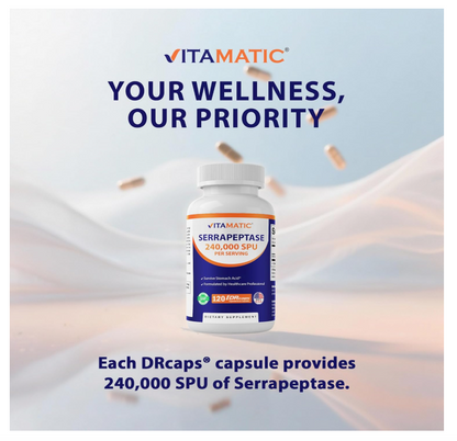 Serrapeptase Vitamatic | 240,000 SPU por porción | 120 cápsulas | Sin OGM | Fabricado en los Estados Unidos