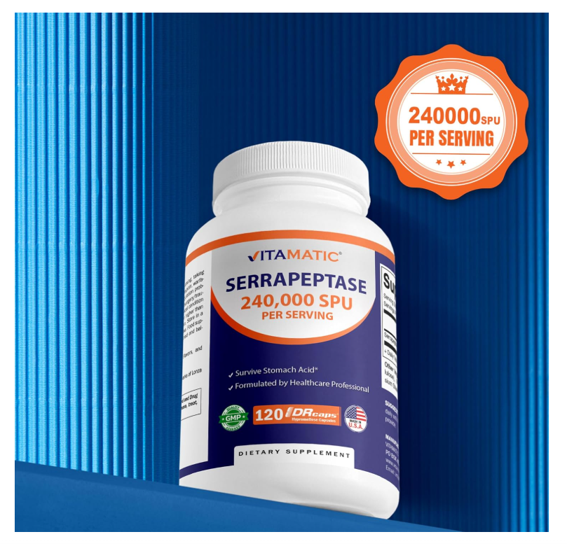 Serrapeptase Vitamatic | 240,000 SPU por porción | 120 cápsulas | Sin OGM | Fabricado en los Estados Unidos