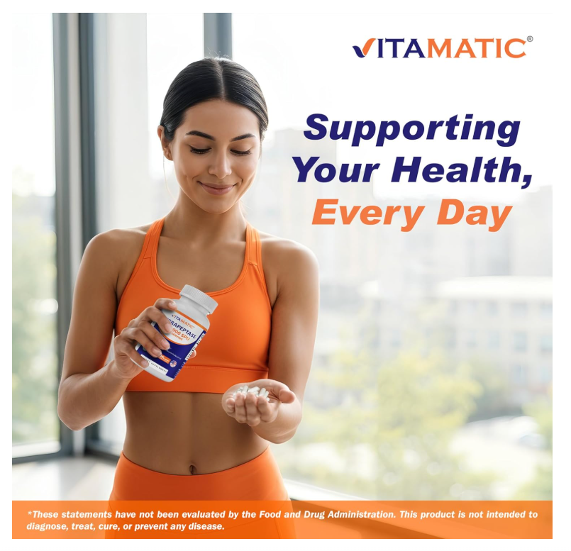 Serrapeptase Vitamatic | 240,000 SPU por porción | 120 cápsulas | Sin OGM | Fabricado en los Estados Unidos