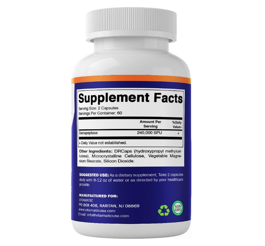Serrapeptase Vitamatic | 240,000 SPU por porción | 120 cápsulas | Sin OGM | Fabricado en los Estados Unidos