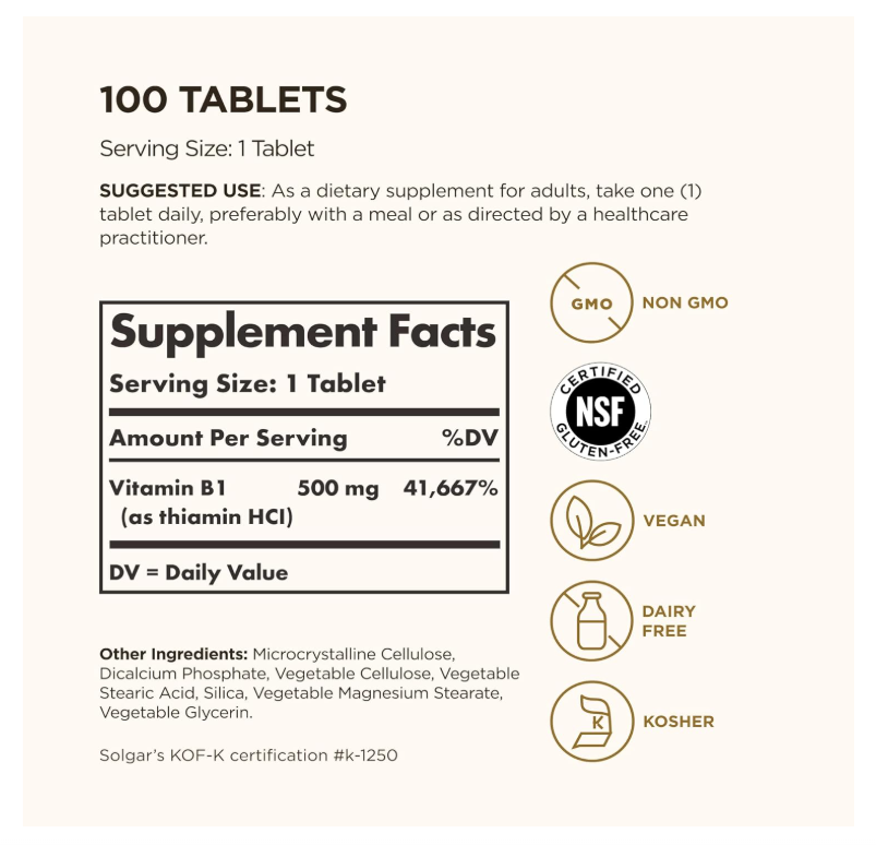 Vitamina B1 (Tiamina) Solgar  | 500 mg | 100 Tabletas | Metabolismo energético, sistema nervioso saludable | Sin OMG, vegano, sin gluten, sin lácteos