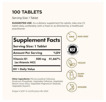 Vitamina B1 (Tiamina) Solgar  | 500 mg | 100 Tabletas | Metabolismo energético, sistema nervioso saludable | Sin OMG, vegano, sin gluten, sin lácteos
