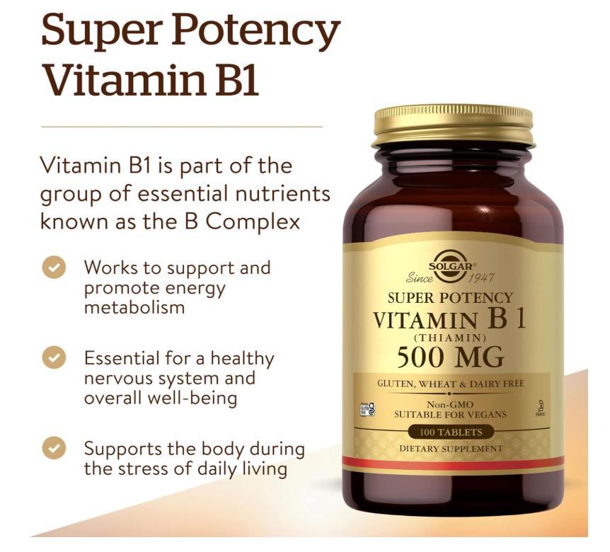 Vitamina B1 (Tiamina) Solgar  | 500 mg | 100 Tabletas | Metabolismo energético, sistema nervioso saludable | Sin OMG, vegano, sin gluten, sin lácteos