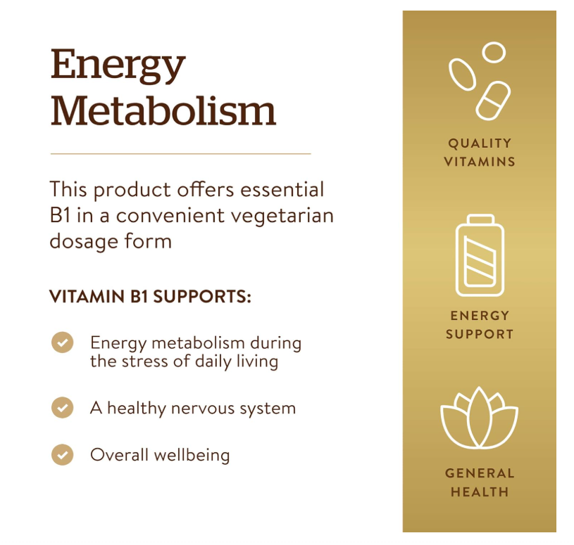 Vitamina B1 (Tiamina) Solgar  | 500 mg | 100 Tabletas | Metabolismo energético, sistema nervioso saludable | Sin OMG, vegano, sin gluten, sin lácteos