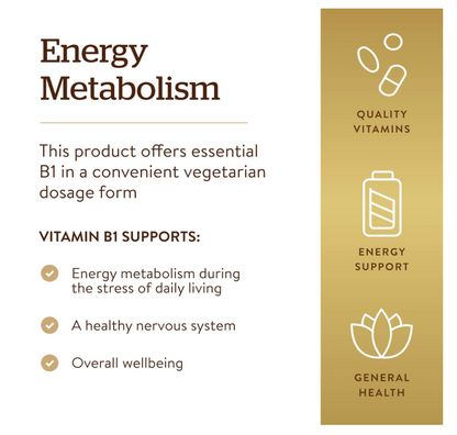 Vitamina B1 (Tiamina) Solgar  | 500 mg | 100 Tabletas | Metabolismo energético, sistema nervioso saludable | Sin OMG, vegano, sin gluten, sin lácteos