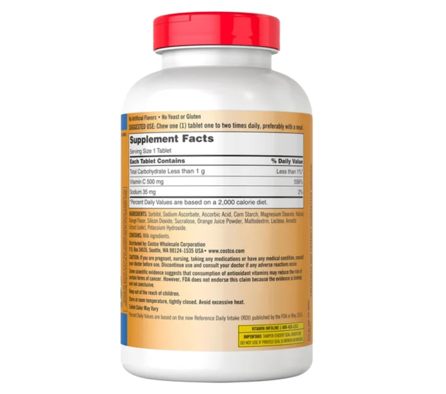 Vitamina C Masticable 500 Mg | Kirkland Signature | Sabor a Naranja | 500 Tabletas