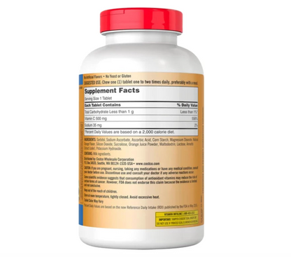Vitamina C Masticable 500 Mg | Kirkland Signature | Sabor a Naranja | 500 Tabletas