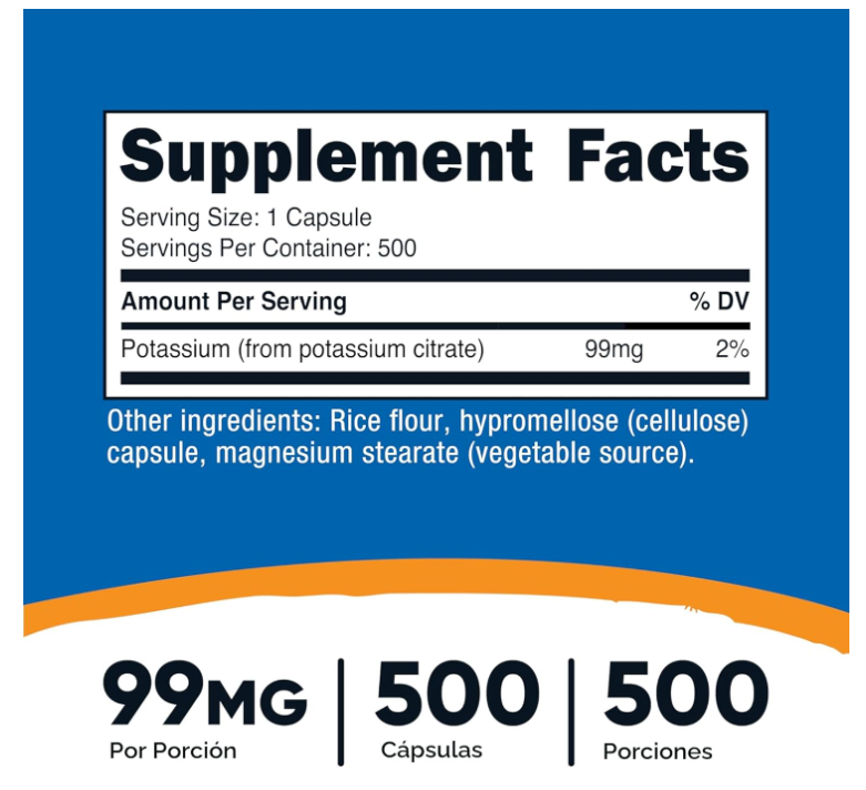 Citrato de Potasio | 99 mg | 500 Cápsulas