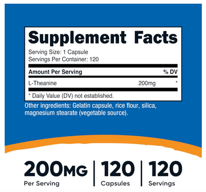 L-teanina 200 mg Nutricost | 120 Cápsulas | Doble Fuerza