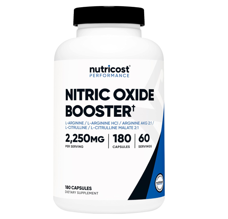 Óxido Nítrico 2250 mg Nutricost | 180 cápsulas | 750 mg por cápsula | 60 porciones | Sin gluten y sin OMG