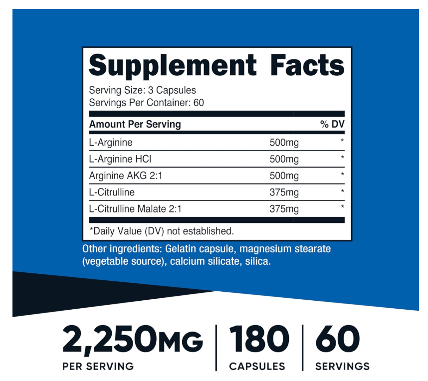 Óxido Nítrico 2250 mg Nutricost | 180 cápsulas | 750 mg por cápsula | 60 porciones | Sin gluten y sin OMG