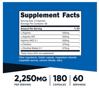 Óxido Nítrico 2250 mg Nutricost | 180 cápsulas | 750 mg por cápsula | 60 porciones | Sin gluten y sin OMG