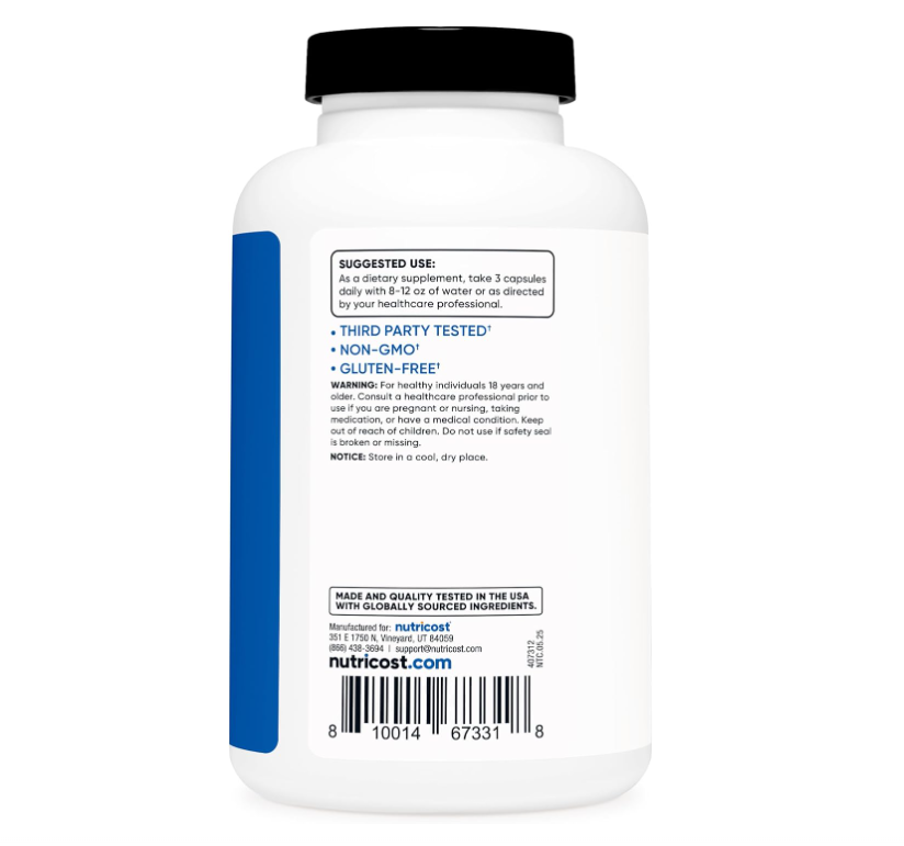 Óxido Nítrico 2250 mg Nutricost | 180 cápsulas | 750 mg por cápsula | 60 porciones | Sin gluten y sin OMG