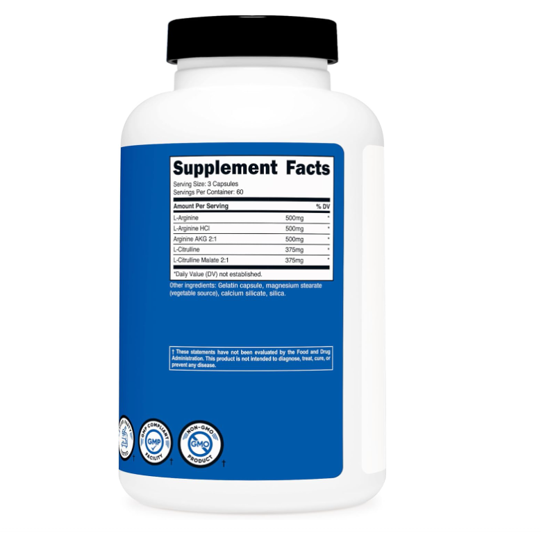 Óxido Nítrico 2250 mg Nutricost | 180 cápsulas | 750 mg por cápsula | 60 porciones | Sin gluten y sin OMG