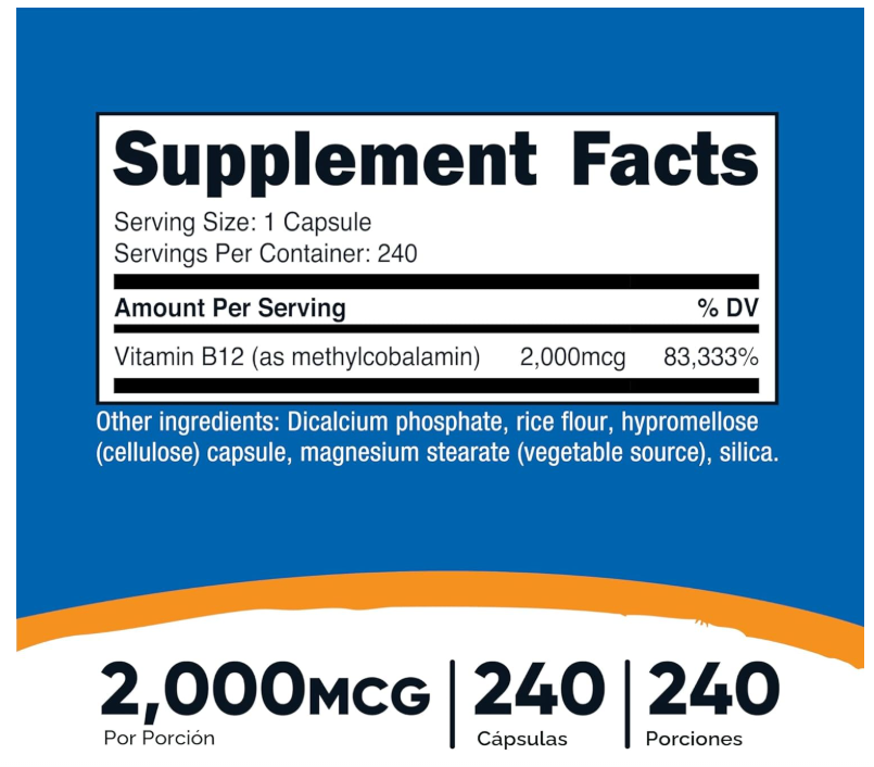 Vitamina B12 2000 mcg Nutricost | Metilcobalamina | 240 Cápsulas