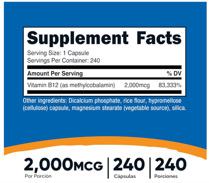 Vitamina B12 2000 mcg Nutricost | Metilcobalamina | 240 Cápsulas