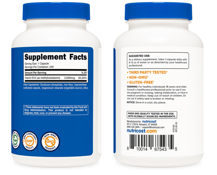 Vitamina B12 2000 mcg Nutricost | Metilcobalamina | 240 Cápsulas