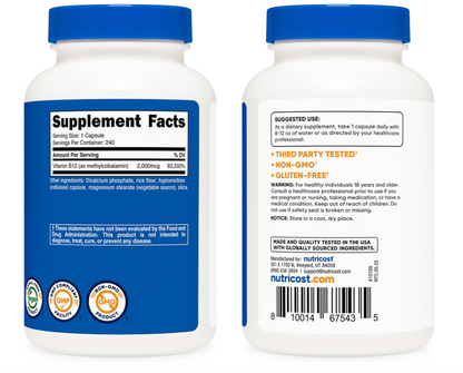 Vitamina B12 2000 mcg Nutricost | Metilcobalamina | 240 Cápsulas