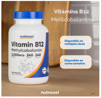 Vitamina B12 2000 mcg Nutricost | Metilcobalamina | 240 Cápsulas