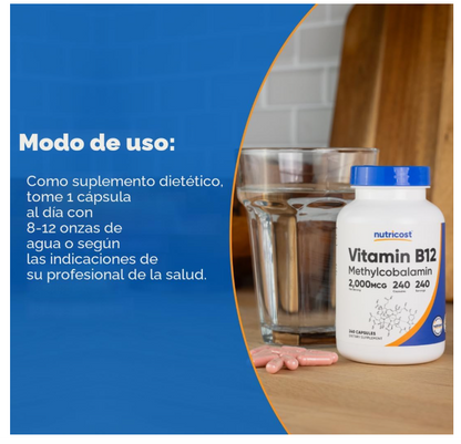 Vitamina B12 2000 mcg Nutricost | Metilcobalamina | 240 Cápsulas