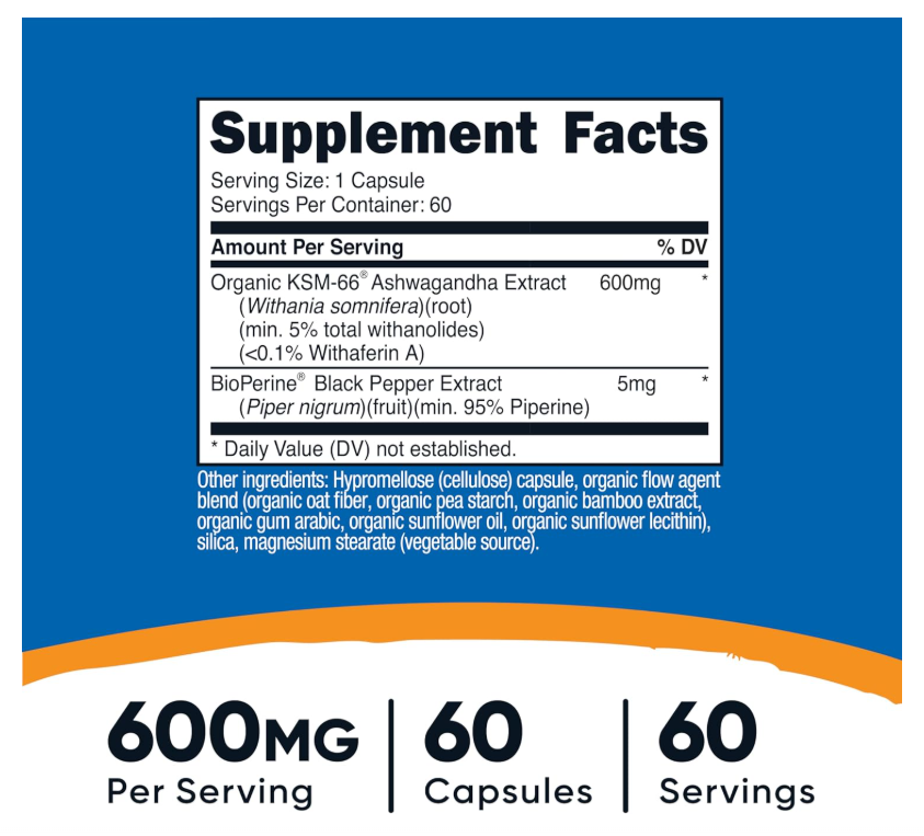 KSM-66 Nutricost  | Extracto de raíz de Ashwagandha 600 mg | 60 Cápsulas  con BioPerine