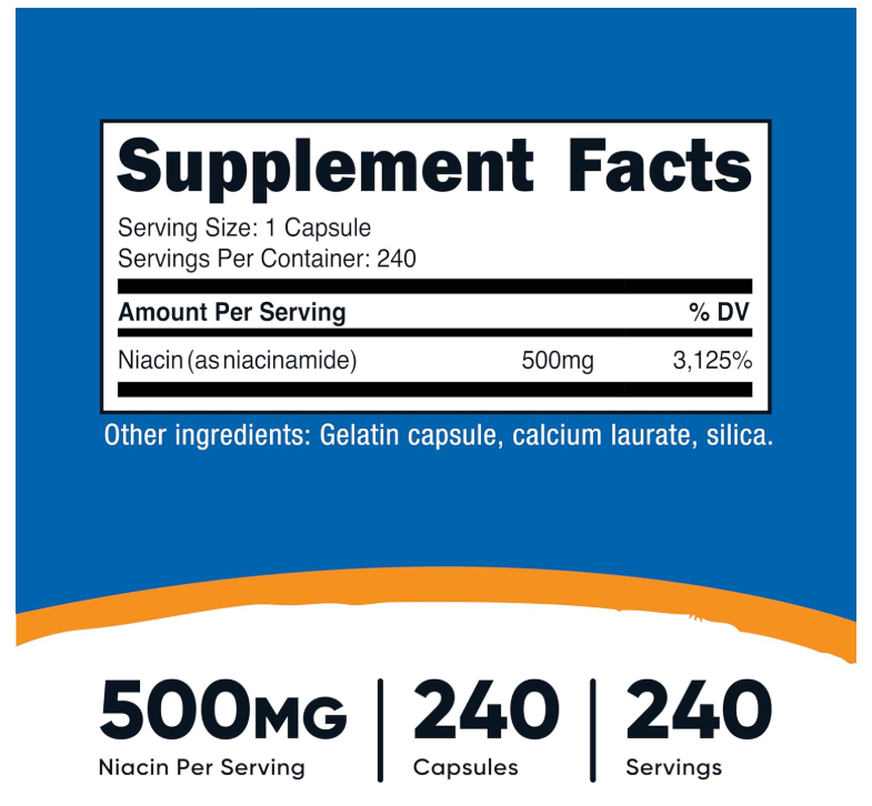 Niacinamida Nutricost (vitamina B3) 500 mg |  240 Cápsulas | Sin OMG, sin gluten