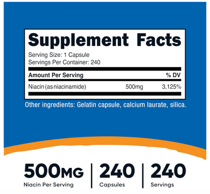 Niacinamida Nutricost (vitamina B3) 500 mg |  240 Cápsulas | Sin OMG, sin gluten