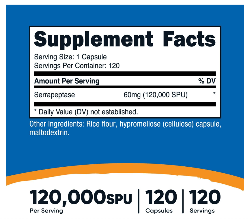 Serrapeptasa Nutricost 120,000 SPU | 120 Cápsulas | Sin gluten, sin OMG y apto para vegetarianos